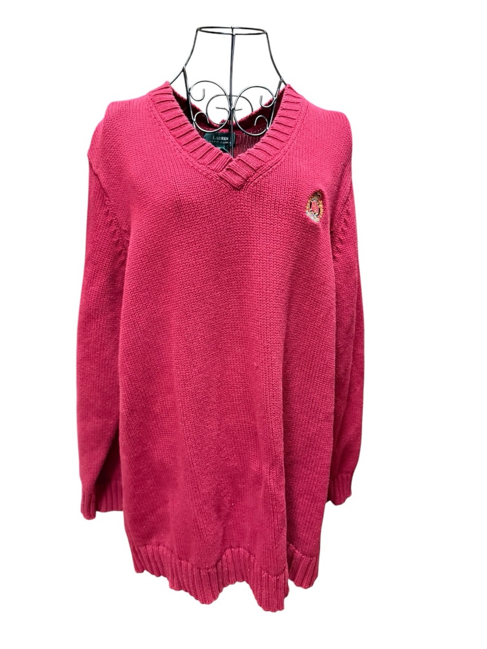 Ralph Lauren Cotton Red V-Neck Knit Logo Crest Sweater 2X
